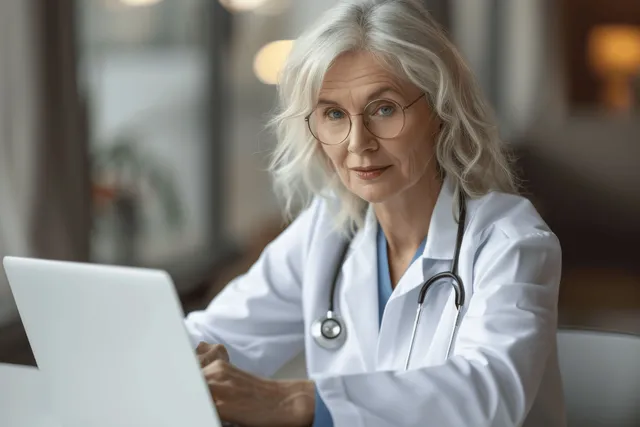 Senior female doctor analyzing medical data on laptop at office desk