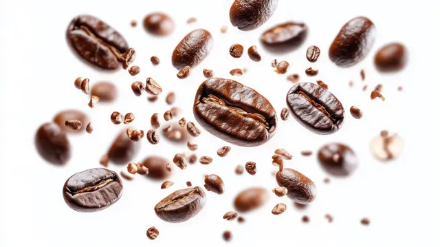 Roasted coffee beans floating on a clean white background with visible cracks and rich brown texture.