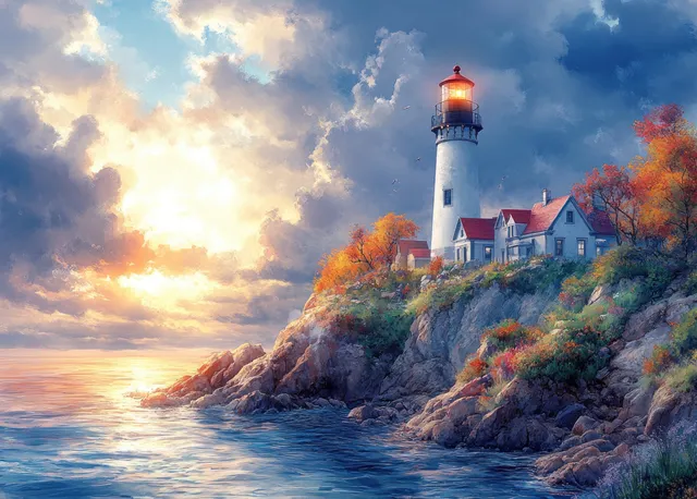 Watercolor lighthouse stands on rocky coastal cliffs above a calm sea at sunset with green vegetation and layered clouds.