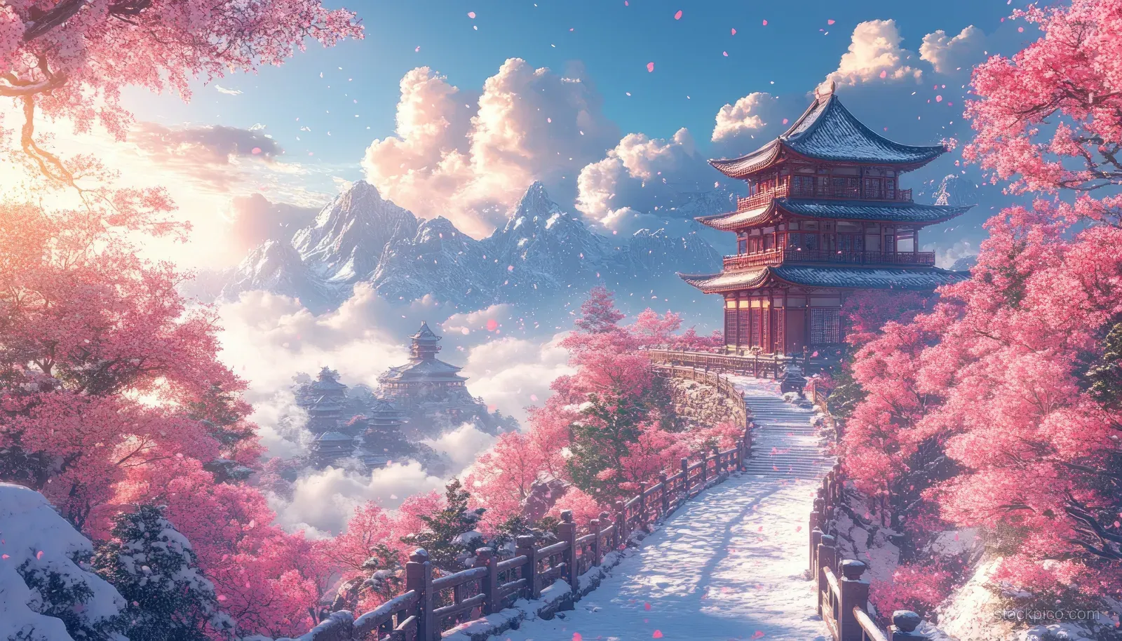 A snow-covered path leads past a traditional Chinese pagoda surrounded by pink cherry blossoms at winter dusk.