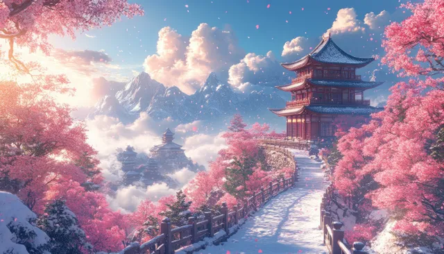 A snow-covered path leads past a traditional Chinese pagoda surrounded by pink cherry blossoms at winter dusk.