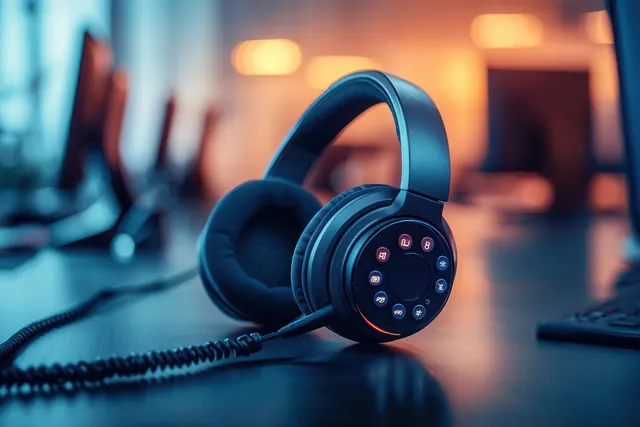 Wired call center headset with microphone on a desk, with a blurred office and warm lights in the background.