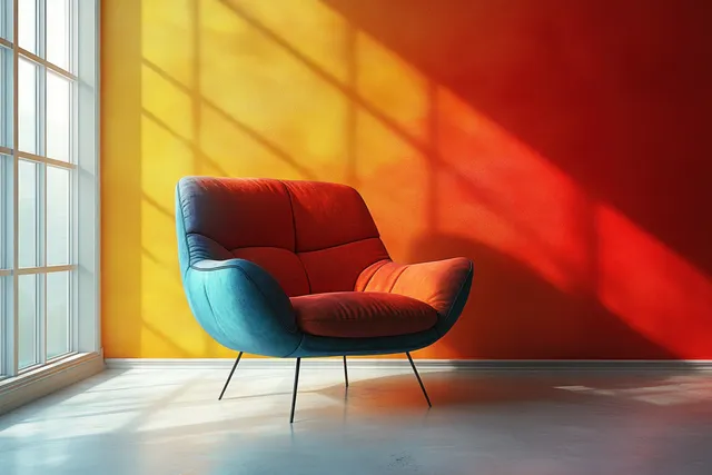 A blue red armchair by a window with warm gradient wall and sharp sun shadows.