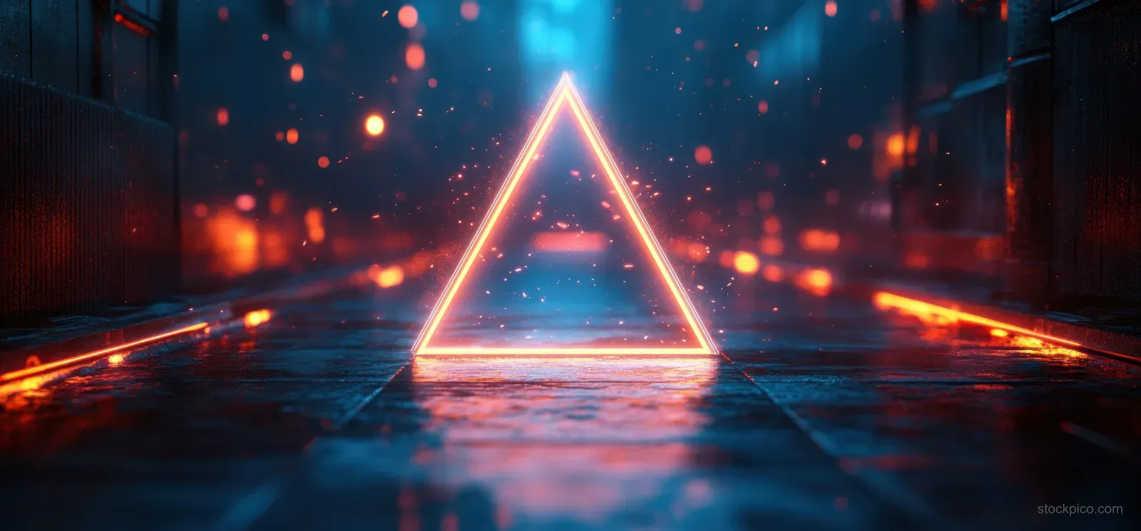 A glowing neon blue triangle logo illuminates a dark grunge corridor with pulsing light rays and reflections on the floor.