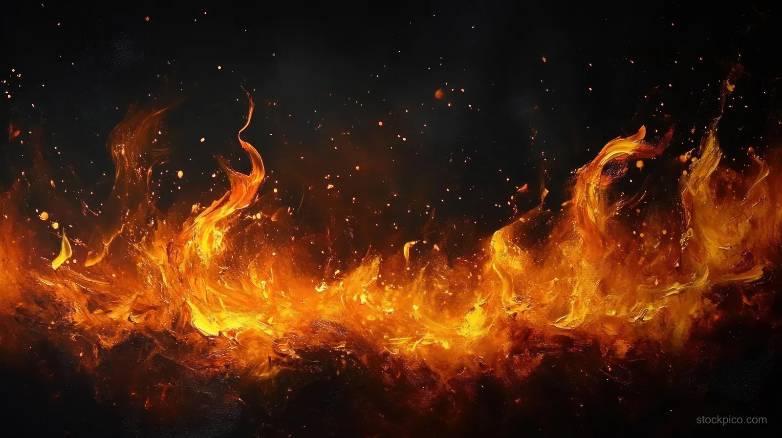 Orange flames with flying sparks and glowing embers rise across a dark smoky background.