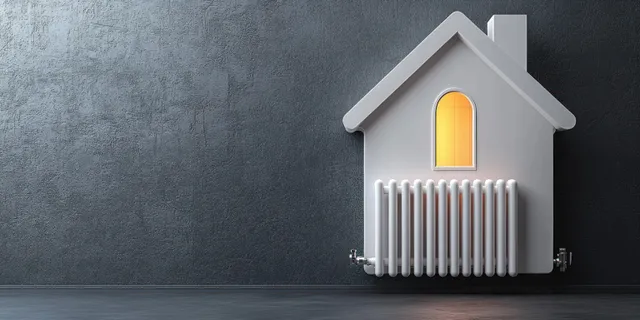House-shaped white radiator mounted on a dark textured wall with warm orange light glowing from an arched window.