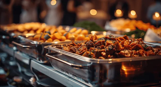 Catering buffet of grilled meat and roasted vegetables under cinematic wedding lights
