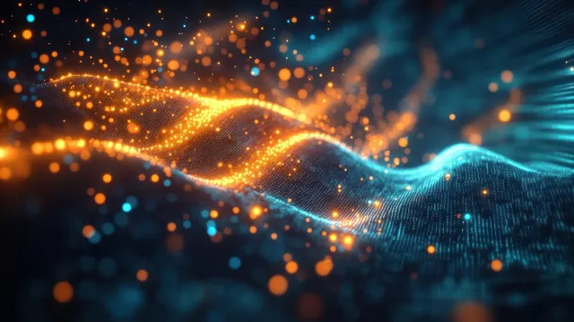 Glowing blue and orange waveform ribbons with floating light particles in a digital energy flow