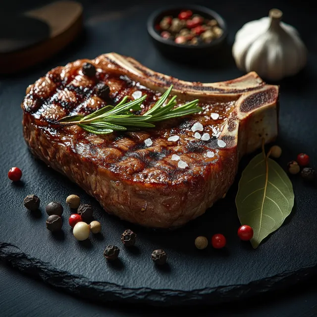Bone-in grilled steak with rosemary, coarse sea salt, peppercorns, bay leaf, and garlic on a dark slate plate.