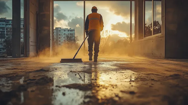 Construction worker in safety gear sweeping a wet concrete floor inside an unfinished building during sunset light.