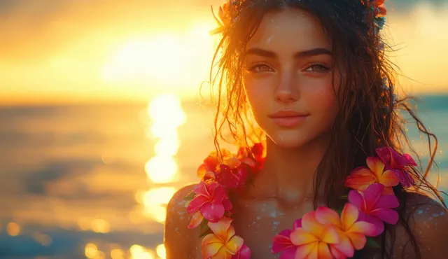 A smiling woman wearing a pink and orange Hawaiian flower lei stands by the ocean at sunset.