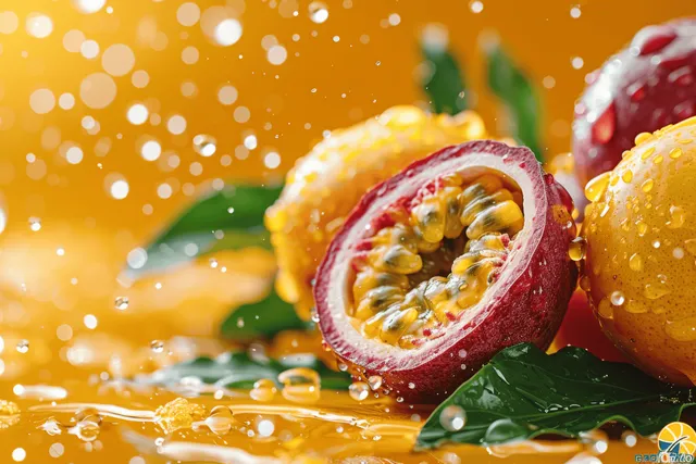 Juicy passion fruit cut open with water splash against vibrant orange background