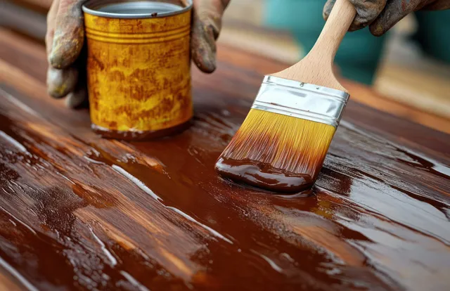 Gloved hand brushing wood stain onto dark deck planks with wet glossy texture and visible brush bristles.