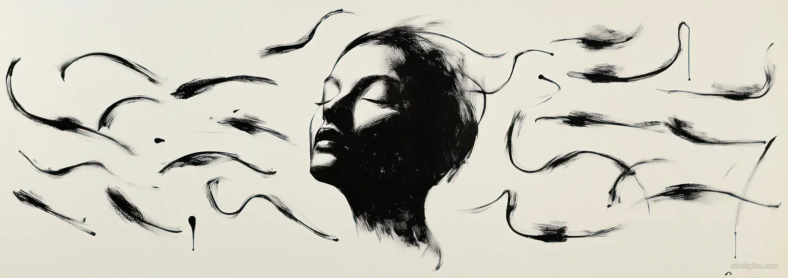 A sketchy female face with closed eyes surrounded by flowing black brush strokes suggesting wind and thoughts.