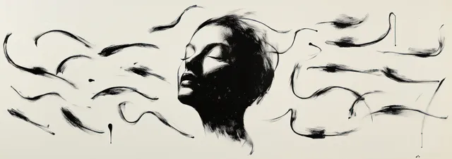 Monochrome sketch of a serene female face with closed eyes and flowing brush strokes