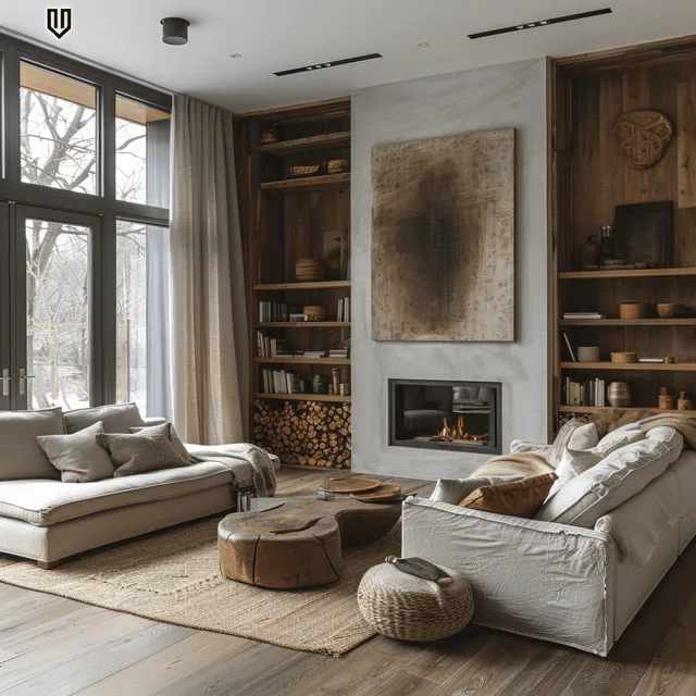 Sunlit living room shows a fireplace, built-in shelves, grey sofa, leather chair, and large windows with wood details.