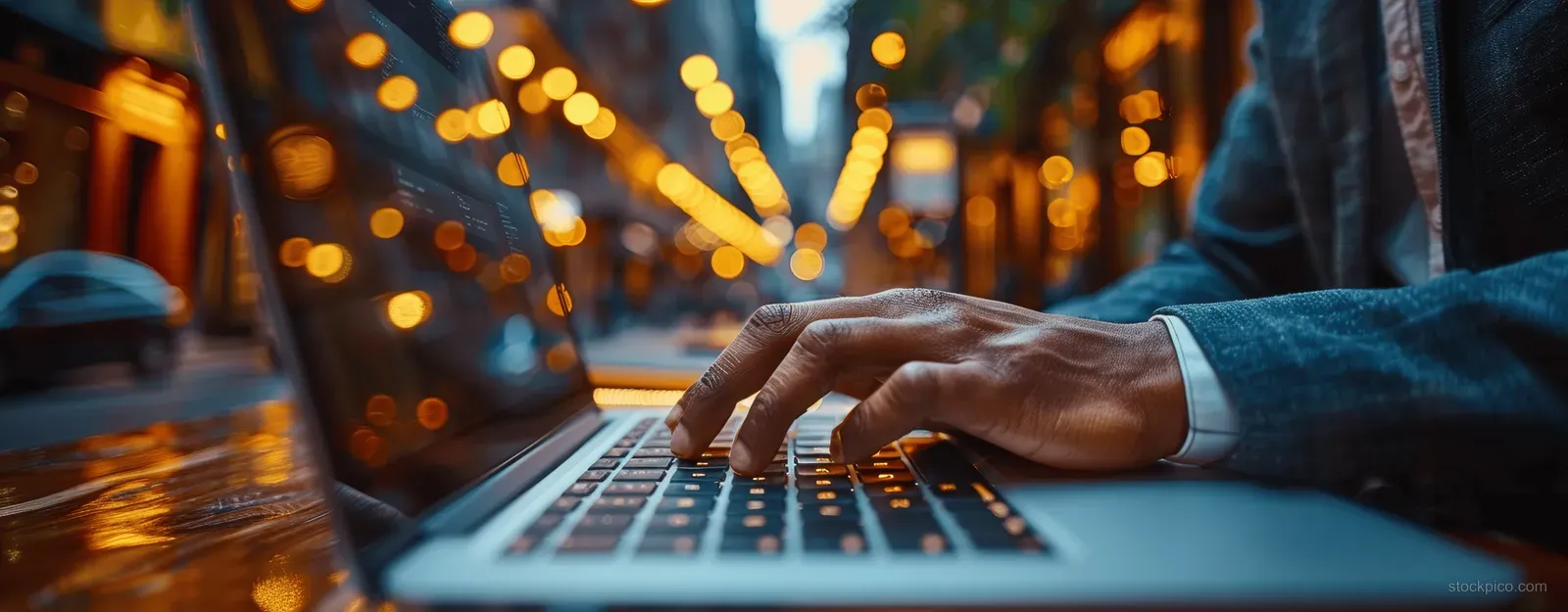 A businessman types on a laptop at a desk with warm blurred city lights behind him.