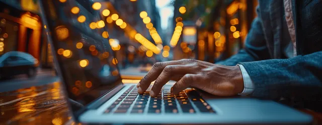 A businessman types on a laptop at a desk with warm blurred city lights behind him.