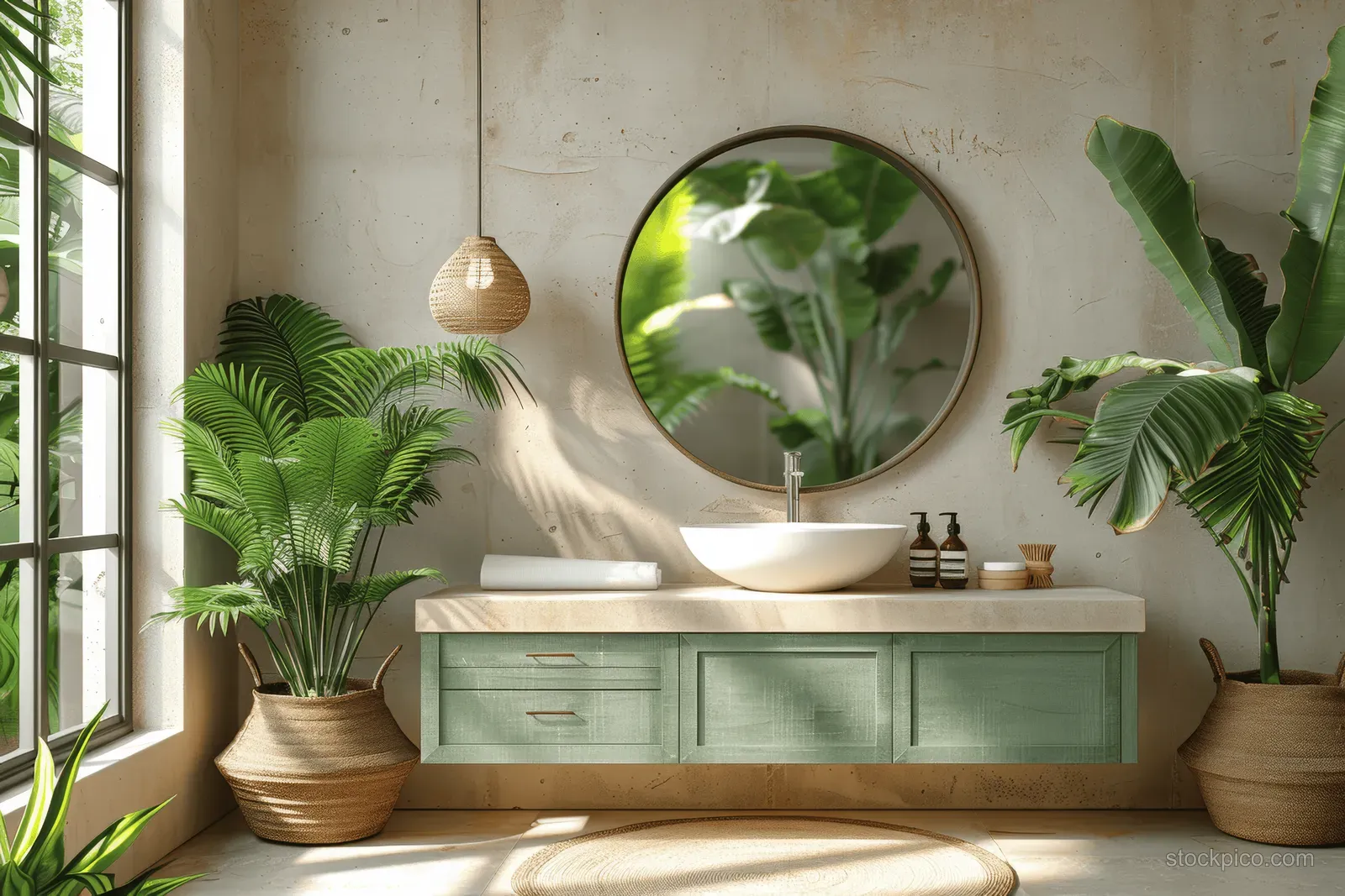 Green vanity with a round mirror and potted tropical plants in a sunlit modern bathroom window corner.