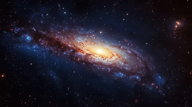 A spiral galaxy with a bright yellow core and blue nebula arms against a field of stars.