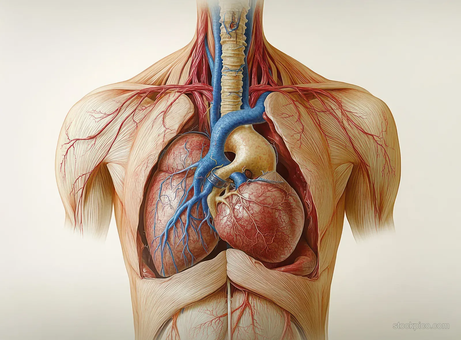 Cutaway illustration of the human chest cavity showing the heart, aorta, and blue bronchial branches.