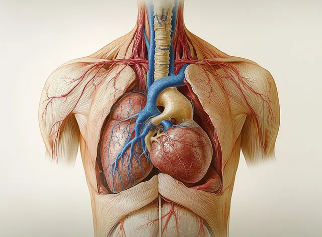 Cutaway chest anatomy illustration showing heart chambers, aorta, and blue bronchial tree