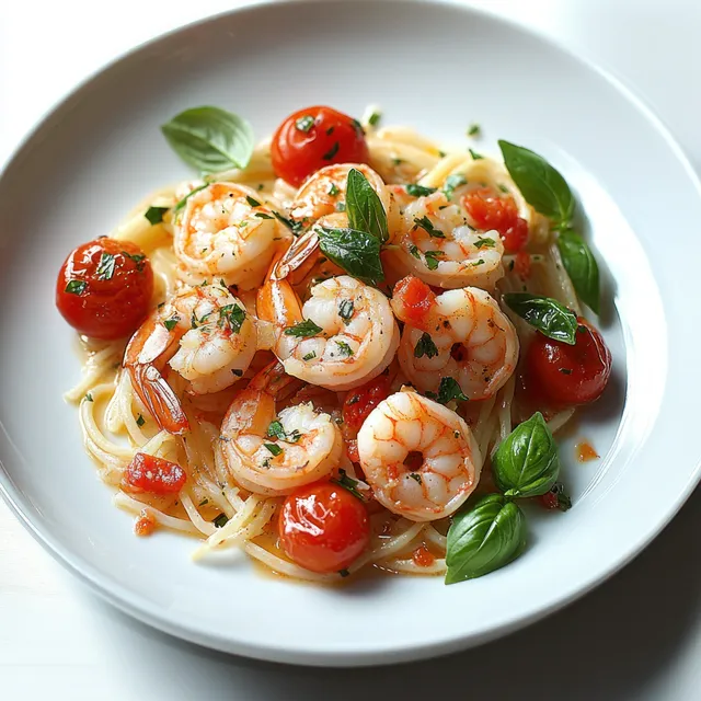 Shrimp pasta with cherry tomatoes and fresh basil is elegantly presented on a white plate, showcasing a vibrant Mediterranean dish.