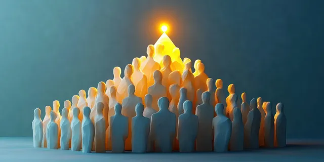 Faceless human silhouettes arranged in a pyramid with a glowing light shining from the top.
