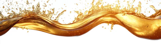 Golden liquid wave cresting and splashing with sparkling droplets on a white background.
