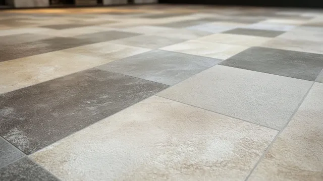 Close-up of gray and beige textured floor tiles in a minimalist square pattern with soft reflections.