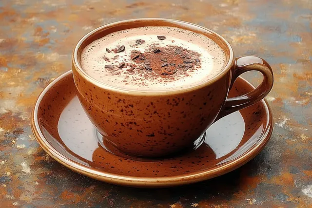 Close-up brown ceramic coffee cup with cocoa dust and foam, on matching saucer