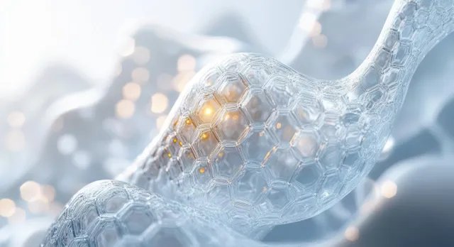 A glowing serum drop rests on a translucent hexagonal skin-like structure under soft blue light.