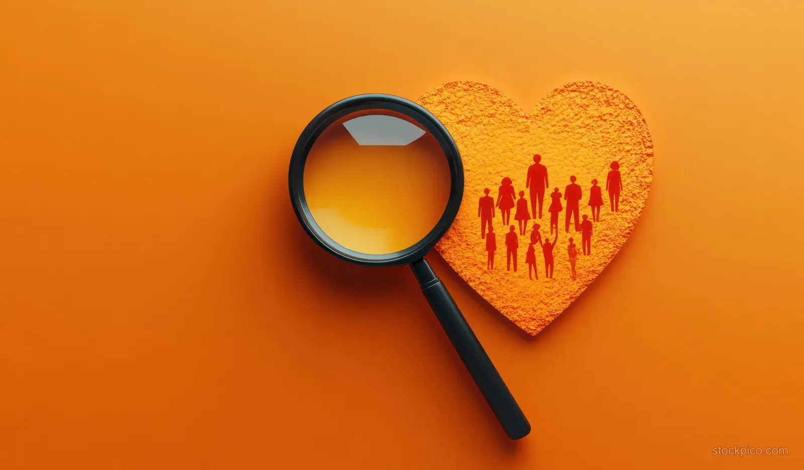 A magnifying glass focuses on a textured heart filled with diverse human silhouettes on an orange background.