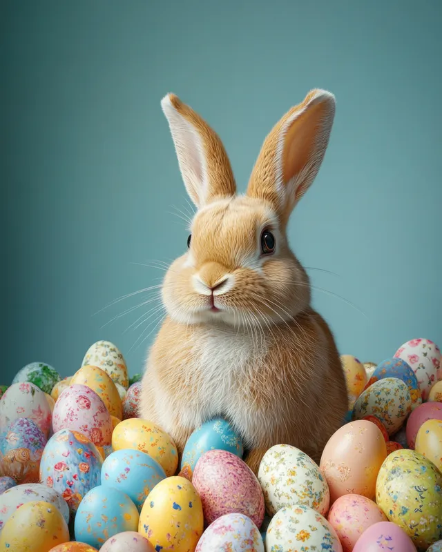 A light brown rabbit sits among pastel Easter eggs with floral patterns against a soft blue background.