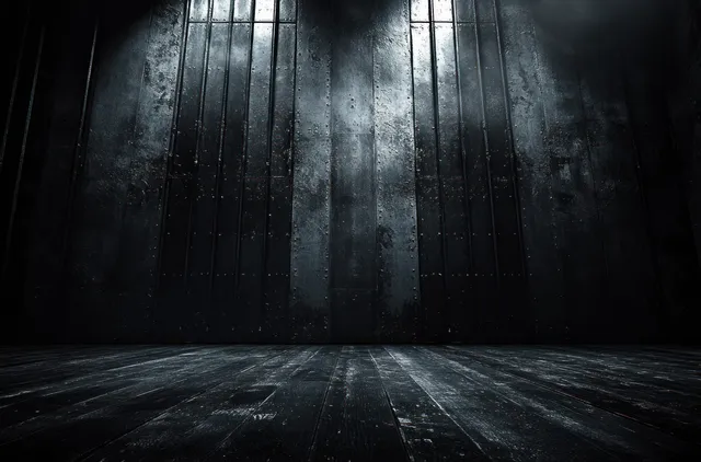 Dark industrial metal room with textured walls, concrete floor, and dramatic spotlight shadows.