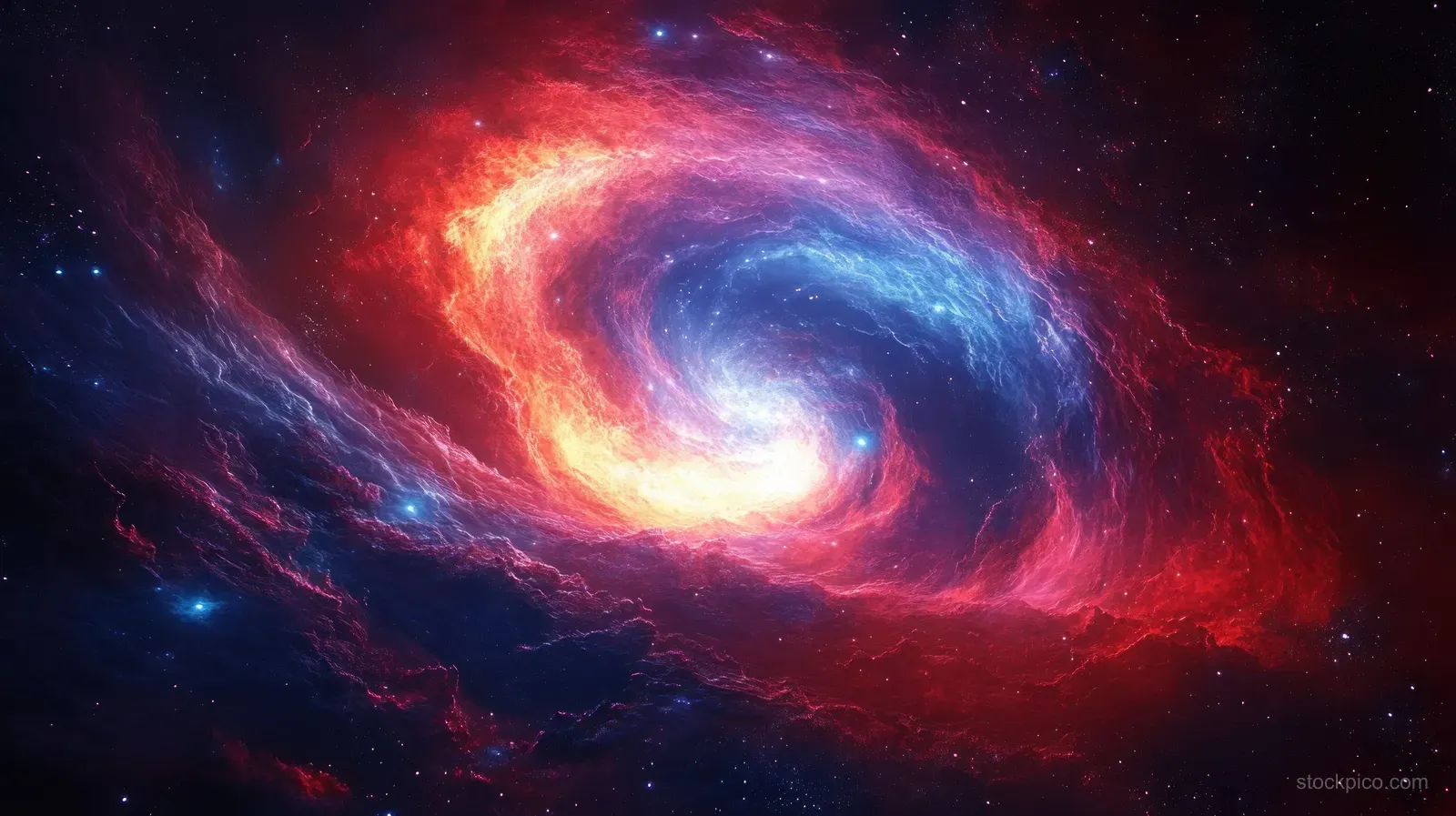 A glowing spiral galaxy swirls inside colorful nebula clouds over a dark starfield.