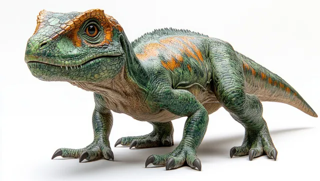 Green dinosaur with orange highlights striking an action stance on clean white background