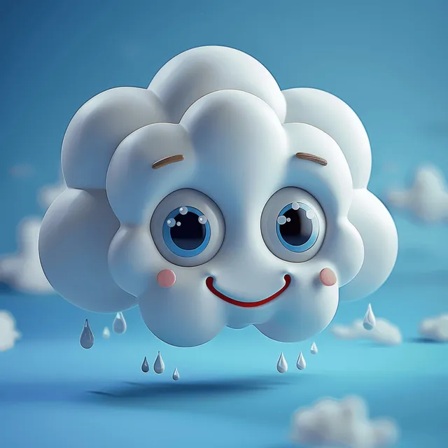 Cute cartoon cloud character smiling with big eyes and falling raindrops