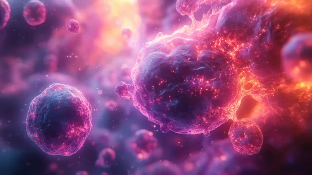 Microscopic embryo cell clusters with glowing membranes float in a dark, backlit bioluminescent scene.