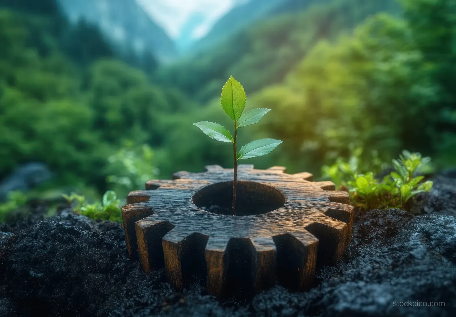 Green seedling grows from a wooden gear in soil with a blurred mountain forest background behind it.