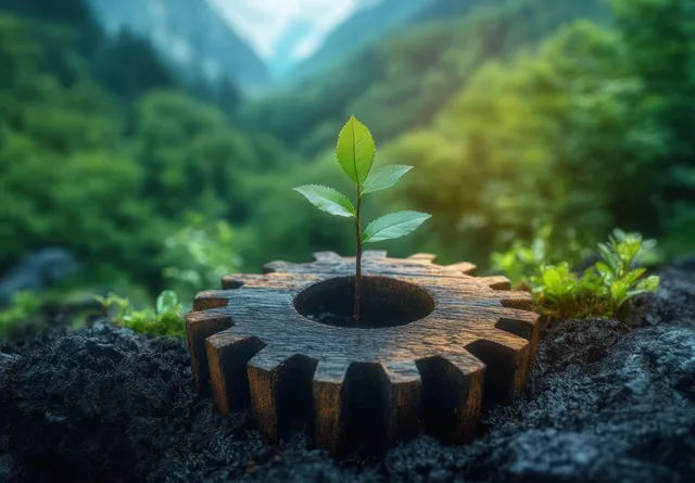 Green seedling grows from a wooden gear in soil with a blurred mountain forest background behind it.