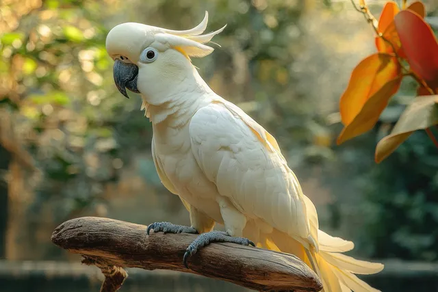 White cockatoo with an upright crest perched on a wooden branch among green foliage in soft morning light.