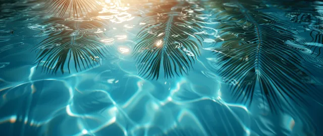 Sombras de hojas de palma se extienden sobre agua turquesa ondulante bajo una luz solar intensa.