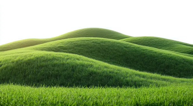 Rolling green grassy hills stretch under bright sunlight, showing smooth wavy ridge shapes.