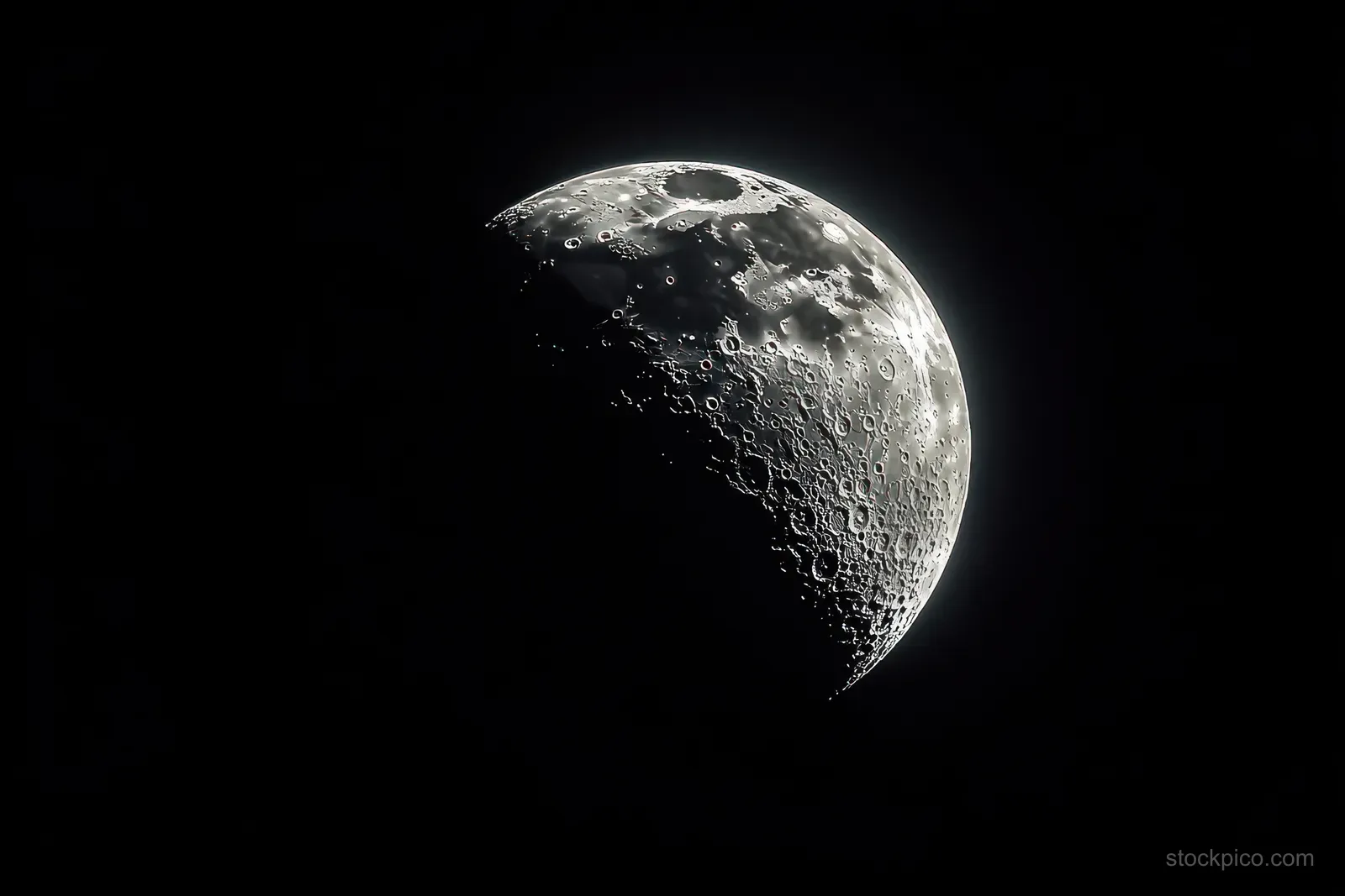 The Moon’s cratered surface is partially illuminated, showing sharp shadows against a dark night sky.