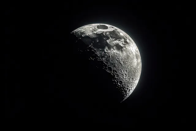 The Moon’s cratered surface is partially illuminated, showing sharp shadows against a dark night sky.