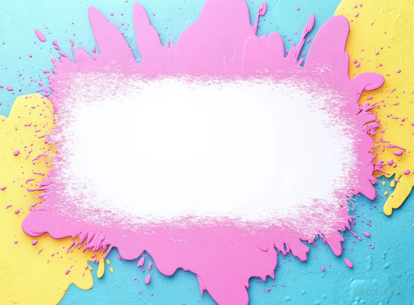 Colorful pop art background with overlapping pink, yellow, and blue paint splashes around a blank white center.