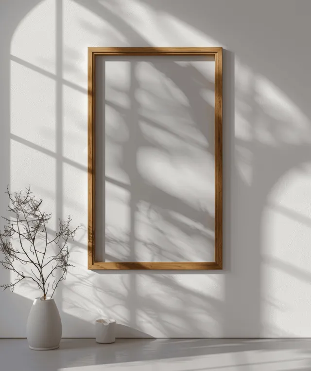 Vertical wooden picture frame mockup in sunlit minimalist room with crisp shadows