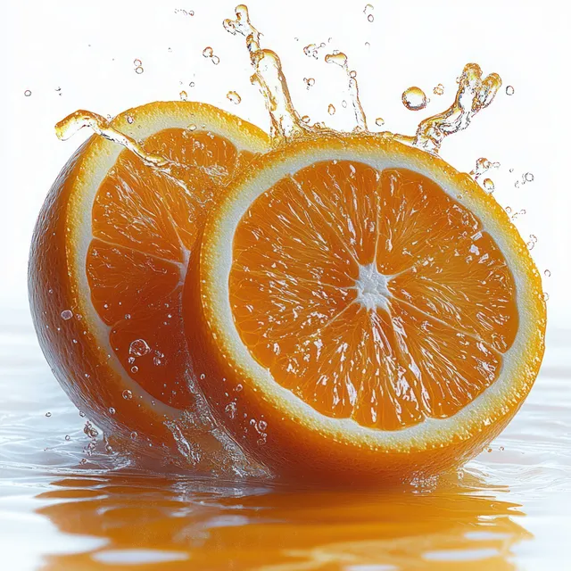 Two orange halves splash into clear water with droplets flying and reflections rippling across the surface.