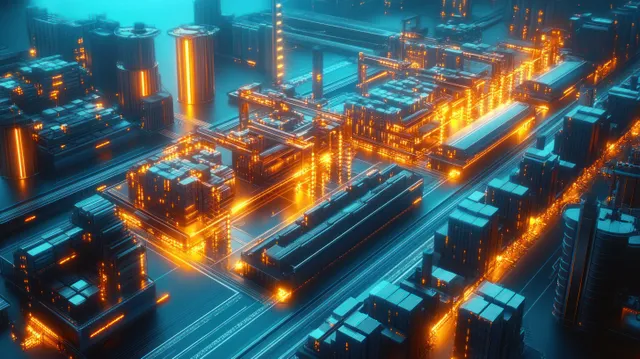 Glowing orange lights illuminate a futuristic industrial complex in a high-tech cityscape.